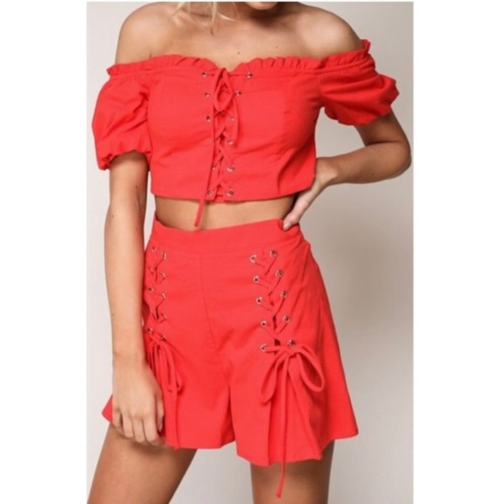 BLUE BLUSH Red Puff Off Shoulder Crop Top High Waist Lace-up Corset Shorts Set M